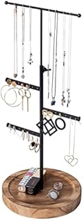 Becko Jewelry Stand Organizer, 4 Tier Jewelry Organizer Stand with Pine Wood Tray, Jewelry Tree Stand Organizer Holder Box Display Stand for Necklace, Earring, Bracelet, Gift for Mom and Women (Black)