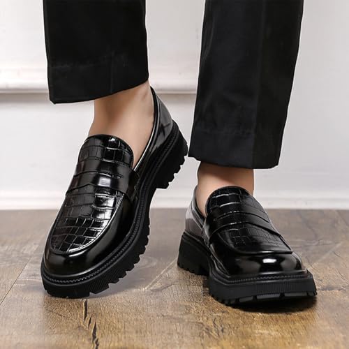 Men's Leather Printed Chunky Platform Penny Loafers Retro Round Toe Slip-On Lug Sole Work Business Casual Shoes4