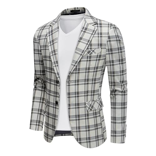 UNINUKOO Men's Blazer Plaid Casual Slim Fit Sport Coats One Button Lightweight Checkered Suit Jacket US Size 34 Black White