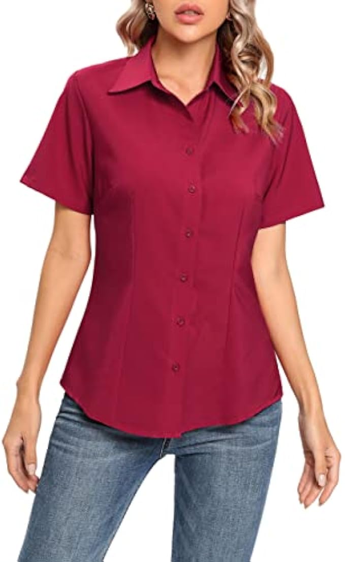 Women's Easy-Care Basic Collared Button Down Office Shirts Short Sleeve Simple Blouse Tops with Stretch