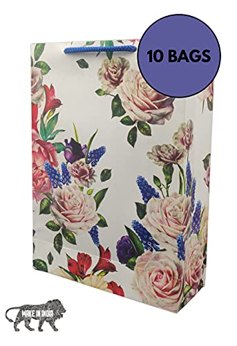 Image of Arrow Paper Products Deluxe Rose Flower Printed Paper Gift Bags for Return Gifts | Weddings | Birthday | Holiday Gifting & Presents (Size: 28x20x7.5 cm | Pack of 10)