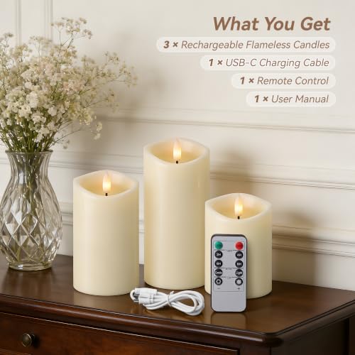 Image of Ivory Real Wax LED Rechargeable Flameless Battery-Operated Pillar Candles