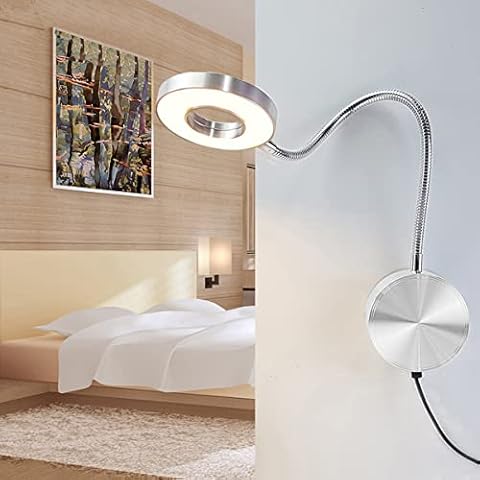 QJUZO LED Wall Lamp Reading Lamp, 360 ° Rotatable, Dimmable Bedside Lamp, Aluminum Wall Sconce with Switch USB Rechargeable Gooseneck Flexible Wall Light for Nightstand Bedroom Office, 5W,Silver Cover