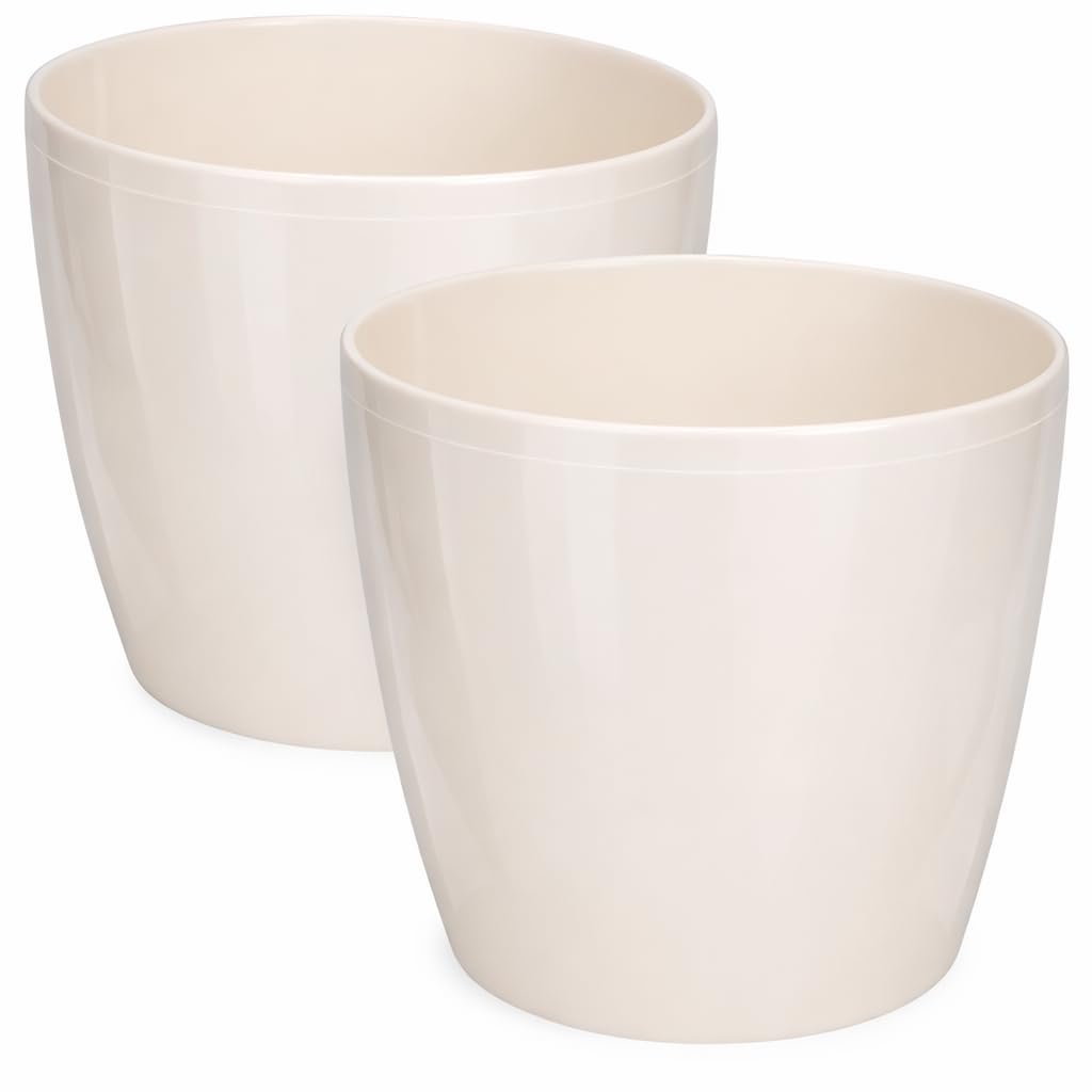 Glänzende Blumentöpfe - Deko Pflanztopf für Blumen & Kräuter - Langlebige & leichte runde Kunststoff-Pflanzentöpfe für Wohn- & Esszimmer, Küche, Balkon - 2er-Set - (Beige, ø 30 cm)