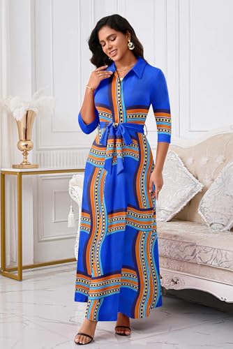 Image of Runwind Women Church Maxi Dresses 3 /4 Sleeve Button Down Print Casual Office Dress African