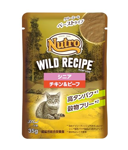 Nutro ワイルドレシピ ウェット クリーミーなペースト シニア猫用 グレインフリー 35g×12袋 チキン&ビーフ パウチ 少量使い切り 総合栄養食 高齢猫用 エイジングケア キャットフード 猫 まとめ買い 穀物フリー 高タンパク 厳選自然素材 香料・着色料 無添加 ニュートロのサムネイル