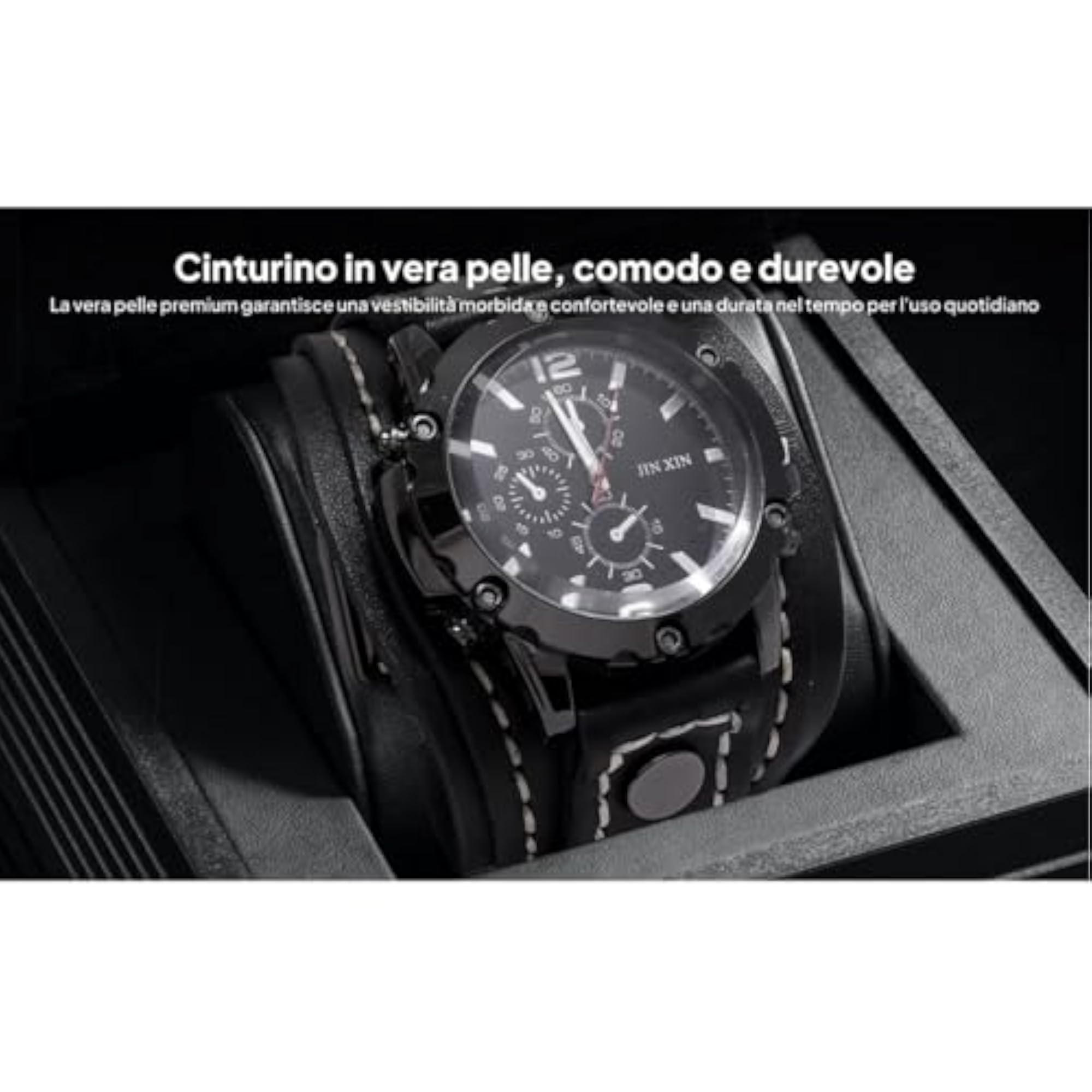 Men's Wide Leather Strap Wrist Watch, Black