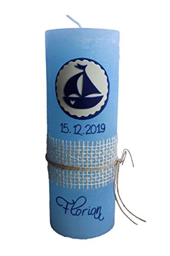 Jungen Rustic Blau, Boot sowie Bordüre und Schleife, 190 x 68 mm, mit Namensverzierung und Schutzkarton