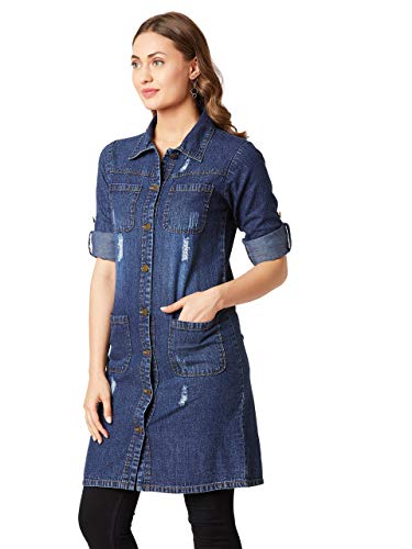 Image of Miss Chase Women's Polycotton Women Collared Full Sleeves Patch Pocket Denim Knee-Length Standard Length Jacket