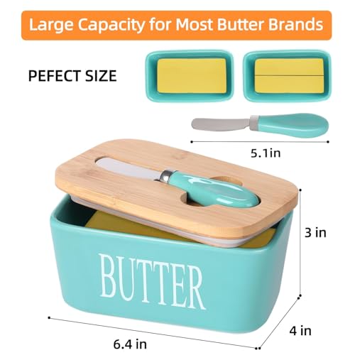 Image of Ceramic Butter Dish with Wooden Lid and Stainless Steel Knife, Large Butter Container Keeper with Bamboo Cover and Silicone Sealing Ring for West and East Coast Butter (Green)