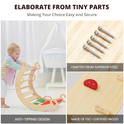 Image of BlueWood Pikler Triangle Set, Toddler Wooden Climbing Toys Indoor 7in1 Foldable Climber for Kids, Montessori Philosophy Play Jungle Gym with Arch, Ramp, Ladder (Warm Winter Christmas)
