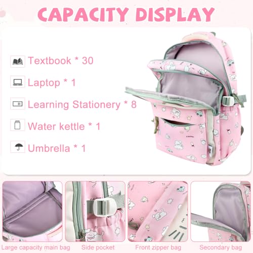 Image of PALAY School Bag for Girls Pink Nylon Backpack Cute Cat Waterproof Bookbag Kawaii Cartoon Printed Daypack Large Capacity Multi-pockets Bagpacker Bag for Primary, Elementary, Middle School