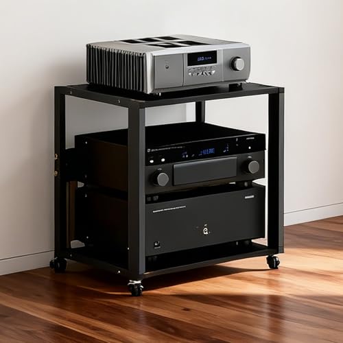 Support multimédia à 2 niveaux sur roues, support AV réglable avec dessus en bois massif, étagère stéréo ouverte pour home cinéma, bureau, console...