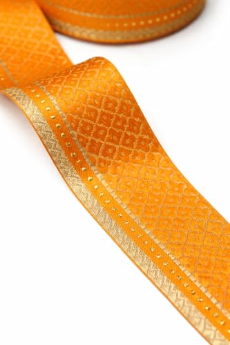 Image of Banarasi Silk Border Lace for Saree, Dupatta, Lehenga, Suit, Blouse & Home Furnishing, Crafting DIY (Mustard Gold, 9 Meters x 2.25 Inch)