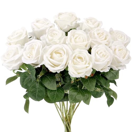 Auihiay 14PCS White Roses Artificial Flowers Velvet Silk Faux Roses