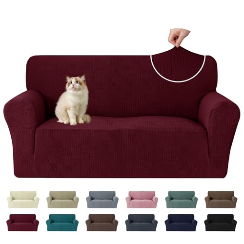 Ystyle Stretch Sofabezug 2 Sitzer, Sofa Überzug Mit Armlehnen, Burgunderrot – Ansicht 1