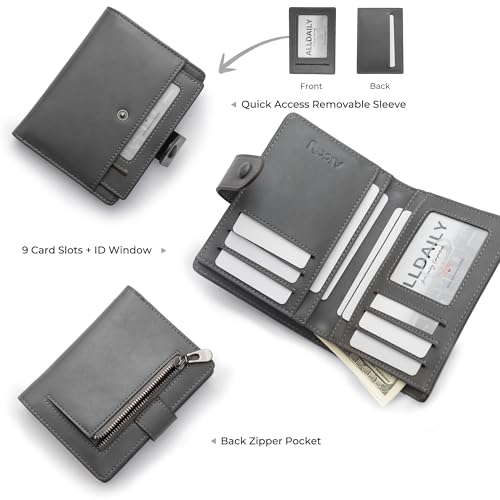 Alldaily Small RFID Blocking Leather Wallet for Women, Bifold with 10 Card Slots and Zipper Pocket (Grey)2