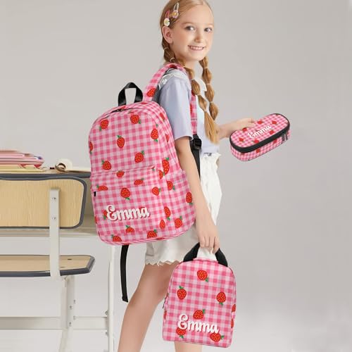Personalized Strawberry Backpack for School, Cute Fruit Pattern Printed Kids School Bag Pink Bookbag Backpack Set with Lunch Bag Pencil Case2