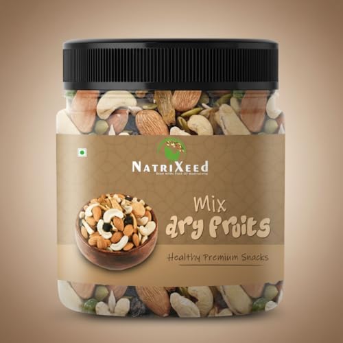 Image of NatriXeed Mix Dry Fruit 1kg | Healthy Mixed Dry Fruit Almonds, Black Raisins, Cashew Nuts, Yellow Dates and Many More | High Energy Dry Nut Snacks 1000gm | Festive Gift | Jar Pack 1000g