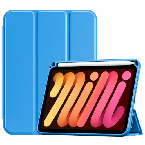 Image of ProCase Smart Case for iPad mini 7 A17 Pro 2024 /Mini 6 2021 8.3 inch -Blue | Slim iPad Mini 7th /6th Gen Case with Pencil Holder Hard Back Cover for iPad Mini 8.3 Inch 7th Gen /6th Gen
