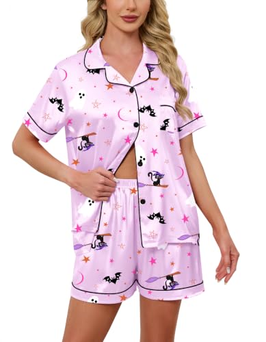 Image of Schbbbta Women Pajamas Set, 2 Pieces Satin Silk Button Down Pjs Short Sleeve Outfits Loungewear