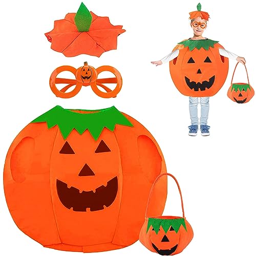 Anguxer Disfraz de Calabaza Halloween Infantil - Sombrero, Bolsa de Dulces y Traje Naranja para Cosplay y Carnaval, Talla Única Niños