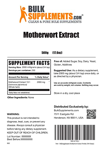 Bulksupplements.com Motherwort Extract Powder - Herbal Supplement, From Motherwort Herb, Antioxidants Supplement - 2000Mg Per Serving, Vegan Supplement (500 Grams - 1.1 Lbs) #TOP1