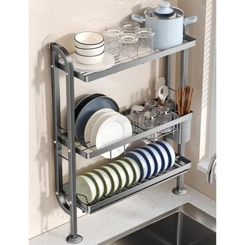 Escurridor de platos de 3 niveles que ahorra espacio, multifuncional, acero al carbono, diseño estrecho, bandeja de goteo para encimera de cocina para un secado eficiente, ideal para uso doméstico