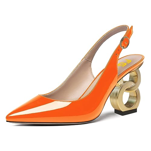 FSJ Women Trendy Metallic Gold Chain High Heel Slingback Pumps Pointed Toe Adjustable Buckle Office Lady Party Shoes Size 4-15 US