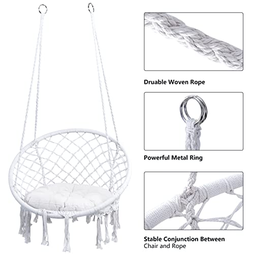 Hblife Hammock Chair, Hanging Swing With Macrame And Cushion, Max 330 Lbs, White Hanging Cotton Rope Chair For Indoor, Outdoor, Bedroom, Patio, Yard, Deck, Garden And Porch #TOP3