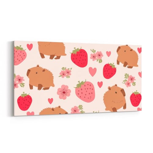 Erosebridal Strawberry Capybara Print Large Canvas Wall Art 48"X24" Fruity Animal Artwork for Kids Boys Girls Women Berry Floral Wall Art Painting Sweet Heart Motif Poster