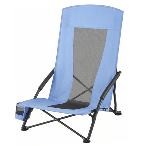 SONGMICS HOME Portable Beach Chair, Folding Camping Chair with High Backrest and Cup Holder, Lightweight Outdoor Picnic Seating, Heavy-Duty Support up to 330 lb, Blue