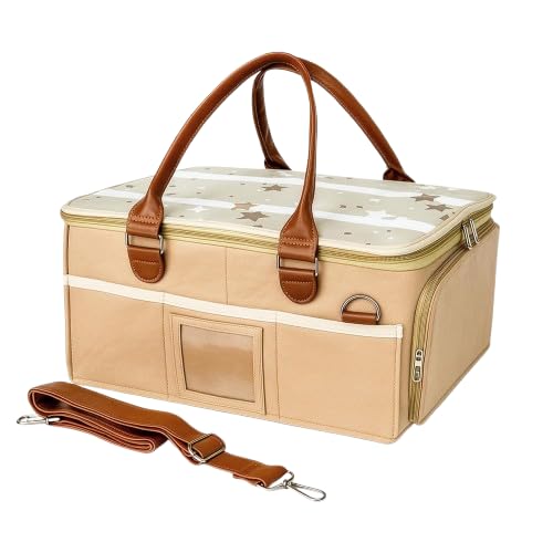 Storite Cute Felt Diaper Caddy Organizer Bag with Lid and Removable Shoulder Strap | Baby Basket Essentials for Newborn Baby Products Storage with Compartments | 40 x 27 x 19 cm | Model 2 – Beige