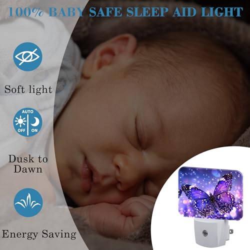 Image of Purple Glowing Magic Butterfly Night Light Butterfly Nightlight Plug into Wall with Dusk to Dawn Sensor for Kid Girls Boys Women Men Room, Hallway, Kitchen, Bathroom, Stairs Decor
