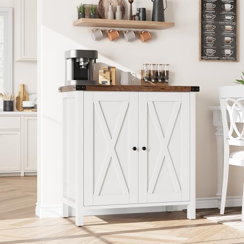 GarveeHome Small Storage Cabinet, Farmhouse Sideboard Buffet Cabinet with 2 Doors and Adjustable Shelves, Accent Entryway Console Cabinets for Living Room, Dining Room (White+Brown Top, 2 Pieces)