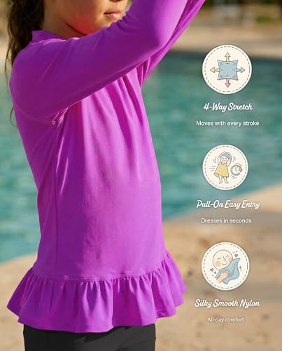 Image of City Threads Girls Long Sleeve Rashguard UPF 50+ Made in USA, Girls' Rash Guard Shirts with Sun Protection