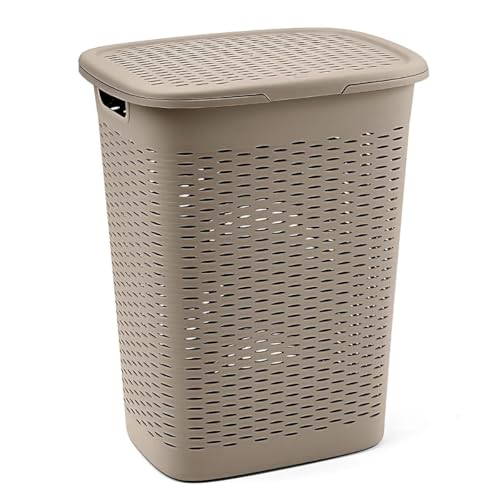 Tomaino - Panier à linge en plastique - Boîte à linge sale de salle de bain - Panier à vêtements et chiffons sales avec couvercle économe en place 47 litres (taupe)