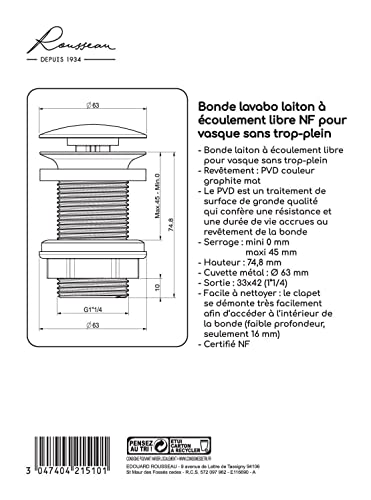 Bonde de lavabo certifié NF Edouard Rousseau écoulement libre 63mm