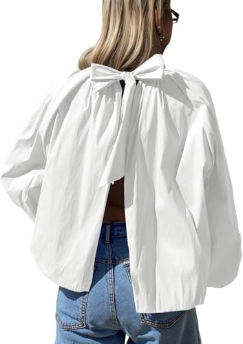 Tankaneo Womens Open Back Bow Tie Blouse Mock Neck Puff Long Sleeve Pleated Tops Bubble Hem Cute Loose Fit Shirts