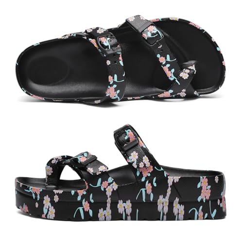Image of TIKVAW Womens Arch Support Platform Sandals Comfort Slides Thick Soles Flat Sandals With Adjustable Buckle & Ultra Cushion
