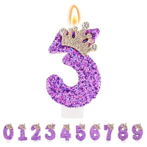 TESGADGETS Vela de cumpleaños lila, velas de cumpleaños combinables en forma de corona con el número 3 para pasteles, vela brillante con el número 3 como decoración para celebraciones de aniversario