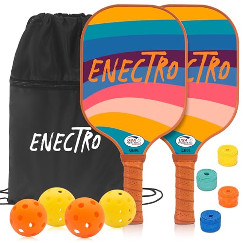 Enectro Pickleball - Juego De 2 Palas De Fibra De Vidrio, Impresión Uv Y Núcleo De Panal, 2 Pickleball Interiores Y 2 Exteriores, 4 Agarres Para Raqueta De Pickleball, 1 Bolsa Con Cordón