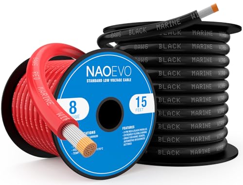 NAOEVO 8 Gauge Marine Wire 8 AWG Tinned Copper PVC Marine Grade Wire IP68 Waterproof/Corrosion-Resistant Electrical Cable for Boat RV Automotive Solar Trolling Motor (15 ft Black + 15 ft Red)