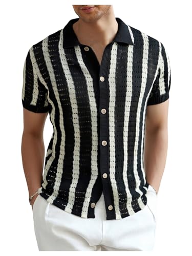Men's Striped Crochet Summer Sweaters Vinatge Button Down Short Sleeve Cardigan Knit Tops