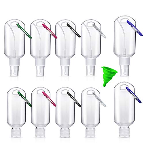 Huishang 10PCS Travel Bottles for Hand Sanitizer, 2oz Leak Proof Travel Bottles Set with Keychain, Mini Size Squeeze & Spray Bottles for Toiletries & Liquid, Buckle-Random Colors, Come with Funnel