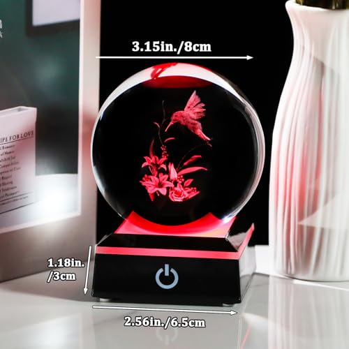 Image of Arikyrist 3D Hummingbird Crystal Ball Gifts for Women Men on Christmas Birthday, Laser Engraved Hummingbird Figurine with Light Base, Hummingbird Globe Glass Decorative Ball for Home Office (80mm)