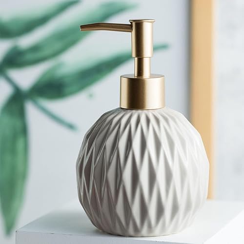 Ceramics Gold Soap Dispenser for Bathroom, Relief Soap Dispenser for Kitchen Sink, 400ml/13.5Oz Refillable Liquid Hand Soap Bottle with Gold Pump (Khaki).