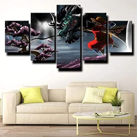 Canvas Prints Anime Manga Poster Figure Pictures Dragon & Straw Hat Kid 5 Piece Wall Art Canvas Paintings Modern Decoration Living Room Home Cover