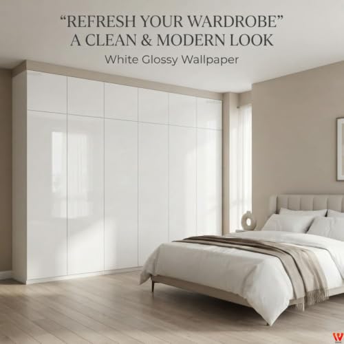 Image of WISDOM White Glossy Peel and Stick Wallpaper Self Adhesive Decorative Vinyl Contact Paper for Home Interior Makeover, Like Drawer cabinets DIY Renovation and Smooth Surface Decoration(20x120)