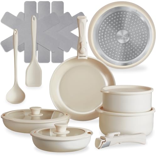 tectake® Juego de Cocina 16 Piezas Apto para Inducción, Incluye 2 Ollas Cocina Grandes, 3 Sartenes, Todo con Recubrimiento Cerámico Antiadherente y con Asas Extraíbles, Cocinas Completas - Blanco